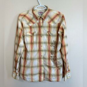 Roper Size L Beige and Orange Plaid Shirt